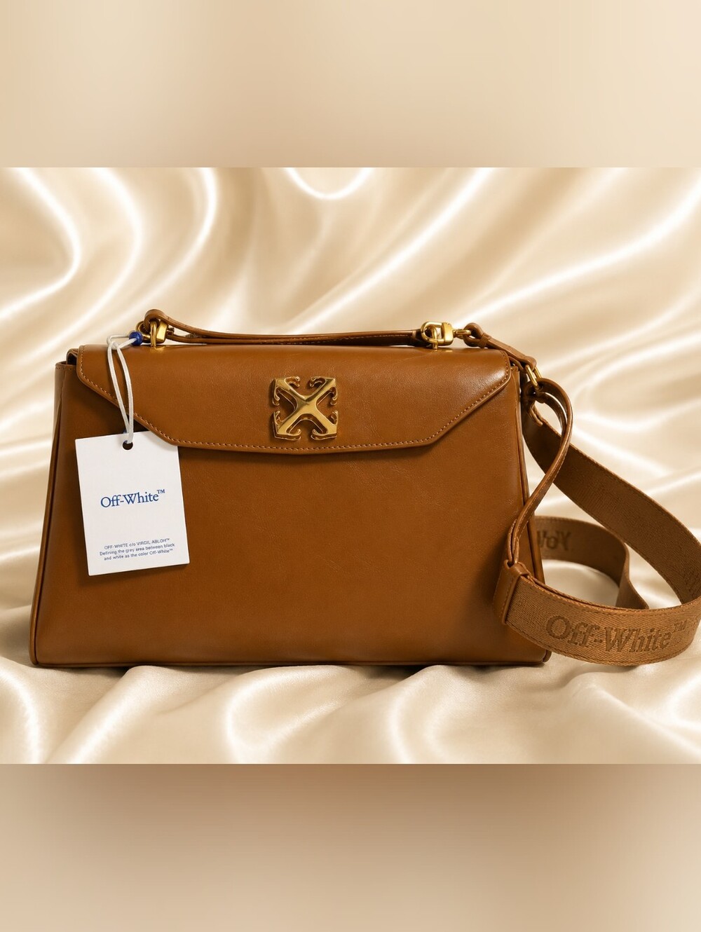 Off-White Tan Leather 2-Way Bag with Gold Logo Locking Hardware